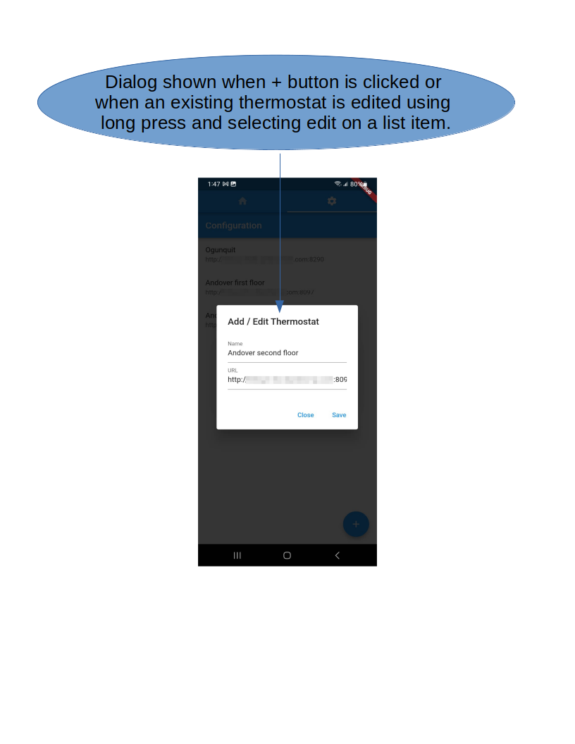 My Thermostats app: configuration screen with Add / Edit dialog.